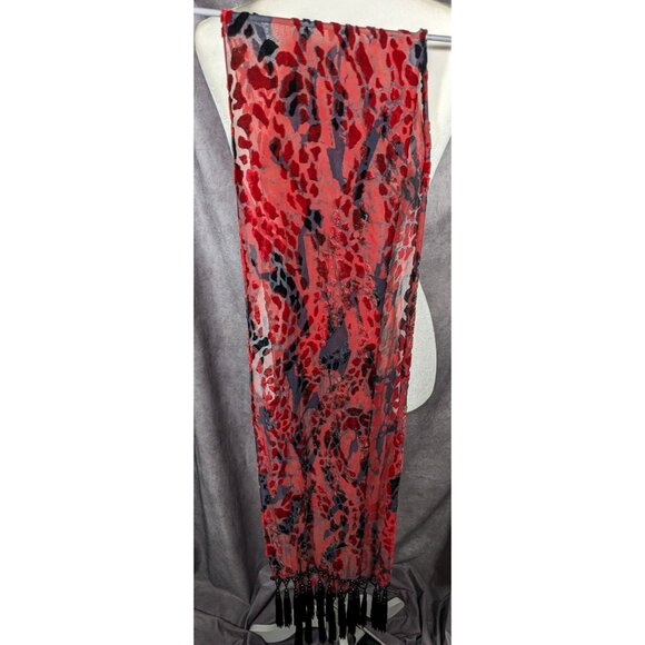 Gothic Red And Black Abstract Velvet Burnout Beaded Fringe Scarf - Picture 8 of 8
